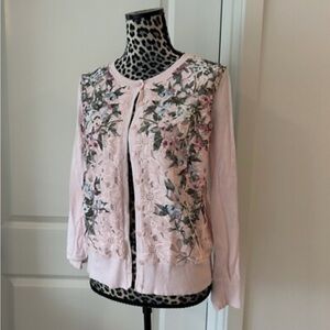 The Charter Club Pink Floral Crochet Front Cardigan